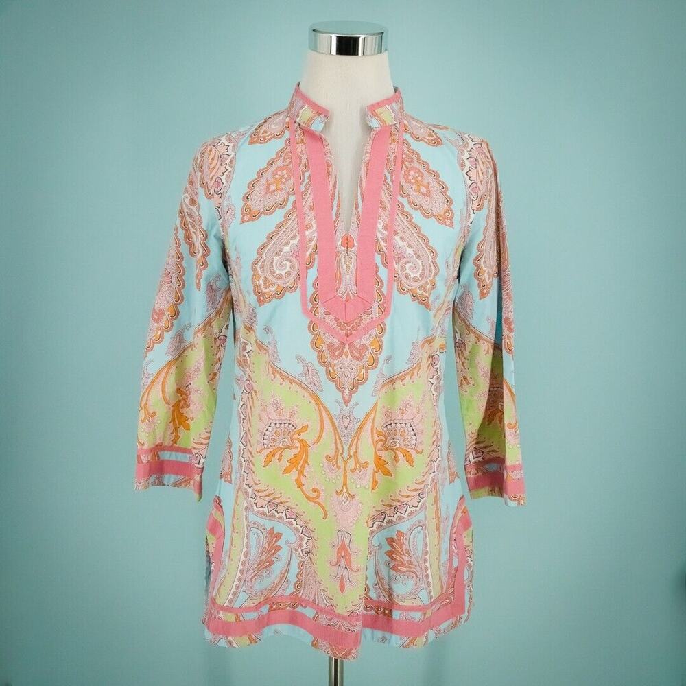 Brooks Brothers Size 4 Blue Pink Paisley V Neck 3/4 Sleeve Cotton Tunic Top